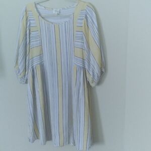 Ava James Linen Blend Navy and Yellow Striped Nautical‎ Beachy Babydoll Dress